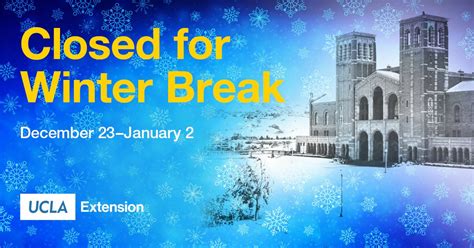 Ucla winter closure. UCLA plans to observe a Winter Holiday Closure during the 2019-2020 holiday season. This annual closure is a highly effective approach to power conservation for a specific period of time and has allowed UCLA to achieve significant energy savings. 