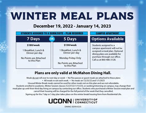 Uconn meal plan. CANCEL MEAL PLAN: Students in residential housing (dorms/suites) cannot cancel meal plans. When housing is cancelled with Res Life your plan is automatically ... 