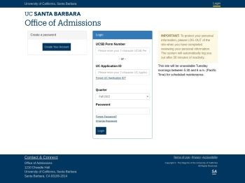 Admissions Account Setup - Step 1: Identification. Please enter either your UCSB Perm Number OR Application ID, your Date of Birth, the quarter for which you applied, and the security code as shown on the image. This site contains official University of California Santa Barbara information. Unauthorized access, disclosure, or use of this .... 