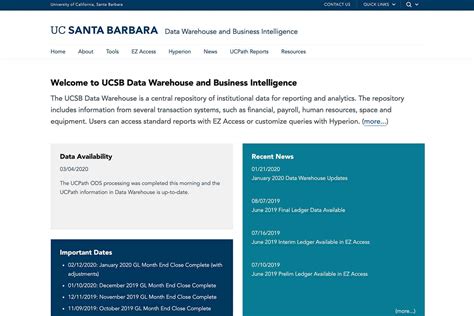 The UCSB Data Warehouse houses the central repository of institutional data for reporting and analytics. It includes information from several transaction systems, including financial, payroll, human resources, space, and equipment. Users can access standard reports with EZ Access and customize queries with Hyperion.. 