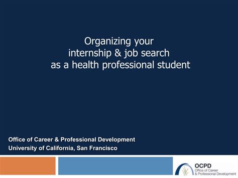 Apr 30, 2024 · The OCPD Opportunities and Job Board curates potential opportunities specifically for UCSF students and scholars. The content of the job listing is solely the responsibility of the employer, and is not an endorsement from the UCSF Office of Career and Professional Development.