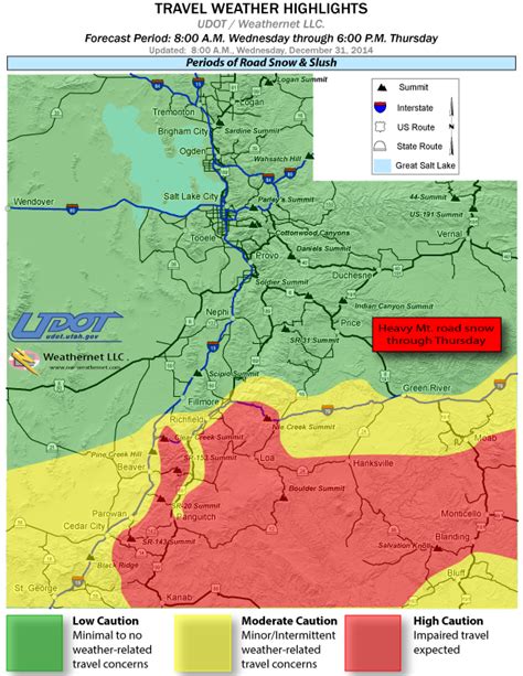 Udot highway conditions. Check the links for "Emergency Alerts" and "Road Conditions Alerts" on the UDOT Traffic home page for active temporary road closures. UDOT crews are now … 