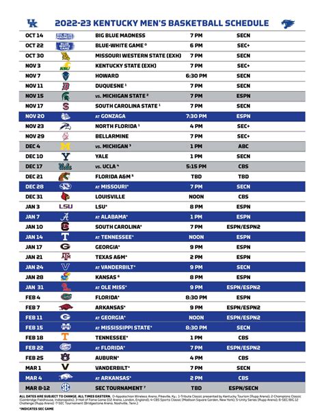 Uk Men's Basketball Schedule Printable
