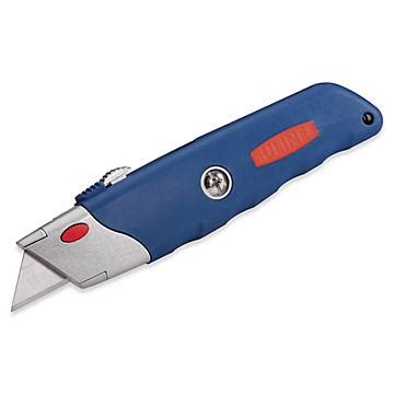 Uline box cutter. This cutter offers a patented radius-tip blade and 3 precise blade-depth settings to easily slice through any cardboard box (single, double or triple wall), without causing damage to product inside! A gentle squeeze of the ergonomic handle extends the blade naturally, reducing repetitive thumb motion injury common with other box cutters. 
