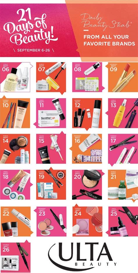 Ulta 21 days of beauty fall 2023. We’re finishing off the Ulta Beauty 21 Days of Beauty Event with a bang! These TODAY ONLY offers include 50% OFF select favorites from MORPHE, MAC Cosmetics, KYLIE Cosmetics, and more! PLUS don’t miss today’s SURPRISE STEAL, the Viktor&Rolf Good Fortune Eau de Parfum 1.7oz! 