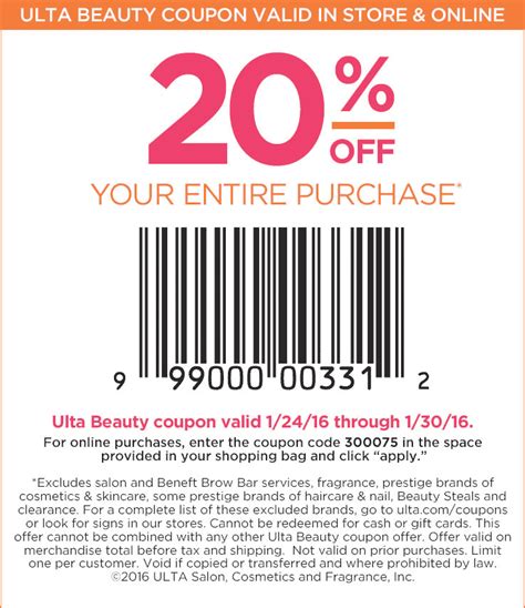 Ulta cosmetics coupon. Get the latest 9 active ulta.com coupon codes, discounts and promos. Today's top deal: Get 10% Off Any Purchase at Ulta Beauty. Use these discount codes and save $$$! 