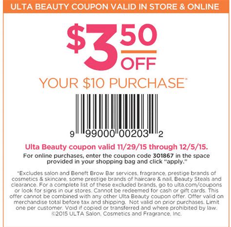 Ulta coupon code $10 off. Coupon code: 20% off Ulta code, Ulta $3.50 Coupon, free shipping no minimum, 20% OFF Entire Purchase, and other beauty product coupons and deals. In order to check for all offers, you can visit coupnforless.com and find the best coupon code on your order. Surely, you will be satisfied with your cashback as well as cute free gifts. 