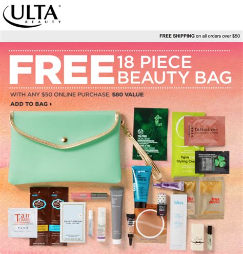 Ulta gift with purchase. Shipping & Coupon Restrictions. This brand is excluded from most Ulta Beauty coupons. Free Shipping at $35. Free 9 Piece Gift with $19.50 brand purchase. One per customer. While quantities last. 