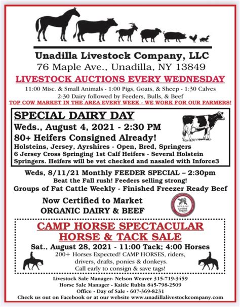 See more of Unadilla Livestock Company, LLC on Facebook. Log In. or. Create new account. See more of Unadilla Livestock Company, LLC on Facebook ... Related Pages. Ridgeview Stables Sales Barn. Livestock Farm. NY Last Chance Horse Bail-out. Horse Trainer. Strain Family Horse Farm. Farm. County Line Stables. Farm. Hosking sales. Local Business .... 