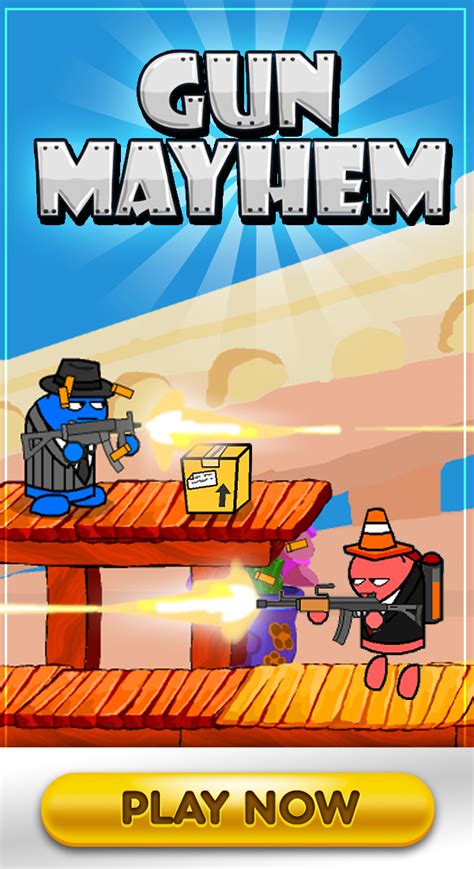 Description. Gun Mayhem is back. Battle with friends or vs CPU. Better Artificial intelligent and now play up to 4 players- Revamped cartoon art style gives you more action, less fluff. – 21 unique weapons with 2 fire modes. Master them all and defeat your friends. – Try the all new Domination Mode for a twist on the classic combat strategies.. 