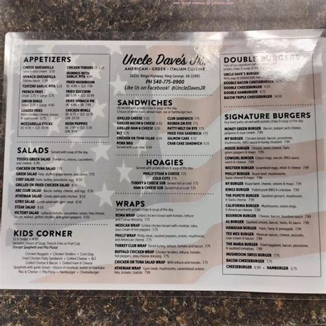 Uncle dave's jr menu. View the Menu of Uncle Dave's Jr in 10226 Kings Hwy, King George, VA. Share it with friends or find your next meal. Family Owned restaurant in King... 