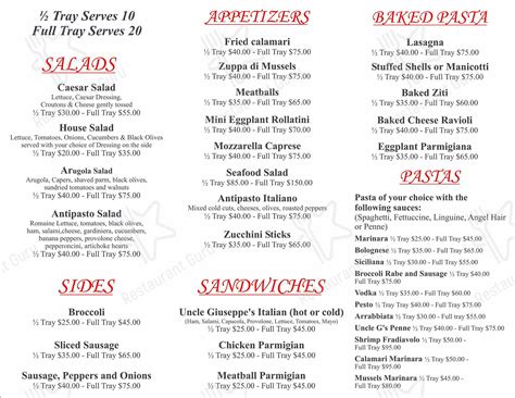 The actual prices may vary depending on your Uncle Giuseppe's at Lil-Bit-A-Brooklyn location. Uncle Giuseppe's at Lil-Bit-A-Brooklyn Menu Categories. Now let’s check out Uncle Giuseppe's at Lil-Bit-A-Brooklyn's menu! You will find that the menu is divided into the following categories: Appetizers; Eggplant; Salads; Baked Pasta; Soup; Pasta .... 