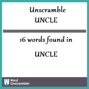 Unclet unscramble. Using the word generator and word unscrambler for the letters G R O U C H, we unscrambled the letters to create a list of all the words found in Scrabble, Words with Friends, and Text Twist. We found a total of 23 words by unscrambling the letters in grouch. Click these words to find out how many points they are worth, their … 