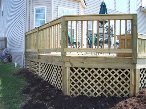 Under deck lattice. a) Cut 2-by-2 supports to fit the length of the deck posts as well as the area along the bottom of the deck between the posts. b) Attach the supports to your posts by using deck screws. c) Measure and cut sections of lattice U-molding to fit each space. d) Cut the lattice panels to size with a circular saw. Make your measurements, with ¼ inch ... 