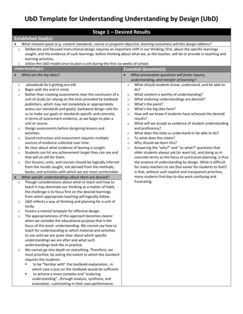 Understanding By Design 1 Page Template DOC Understanding by Design