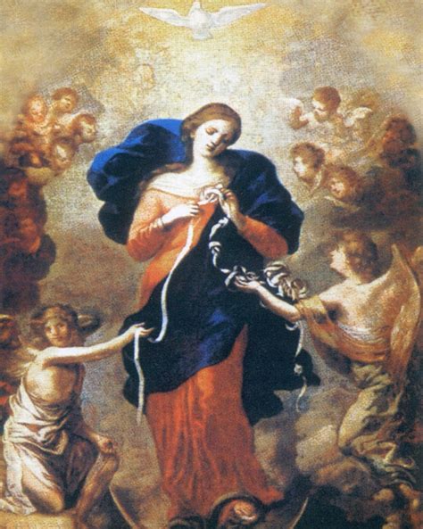 Undoer of knots. The devotion to Mary as the Undoer of Knots is the earliest in Christendom, as it goes back to the early church father, St. Ireneaus, Bishop and Martyr (130-201). In his writing Against Heresies he stated: “…the knot of Eve’s disobedience was loosed by the obedience of Mary. For what the virgin Eve had bound fast through unbelief, this ... 