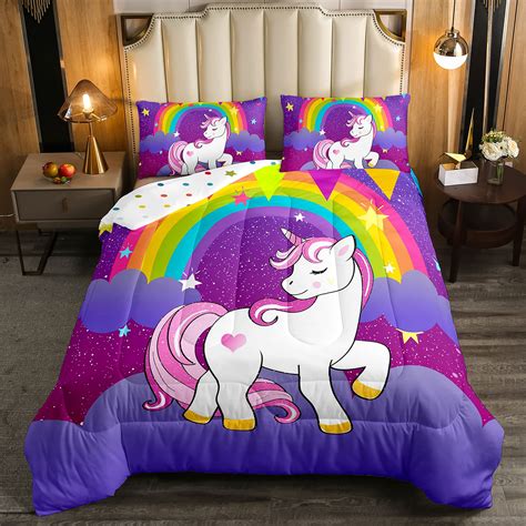 The colorful twin size bedding set features magical unicorns and the lovely Minnie Mouse to easily brighten up any bedroom décor. This reversible comforter is soft and snuggle-friendly. The durable and lively drape set is sure to bring maximum comfort and exciting adventures. Complete bedding ensemble includes twin comforter, fitted sheet .... Unicorn twin bedding set
