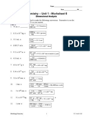 Unit 1 Chemistry For Life Metric Conversion Worksheet Answers