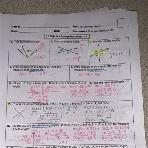 Unit 1 Geometry Basics Homework 5 Angle Relationships Answer Key Solution Unit 1 Angle