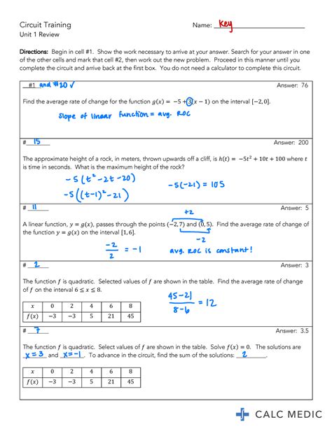 Unit 1 Review Answer Key AP Precalculus Calc Medic Circuit