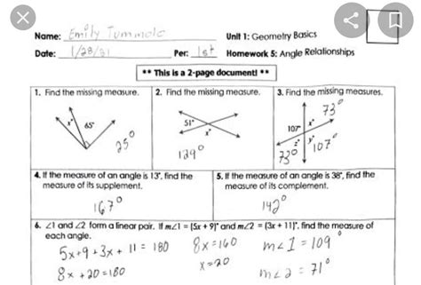 Unit 1 geometry basics homework 5 angle relationships. Using the knowledge of the angle relationships to create an equation , the value of x and y in the image given are: 11. x = 12 12. x = 13 How we derived the ab… Unit 1 geometry basics Homework 5 angle relationships - brainly.com 