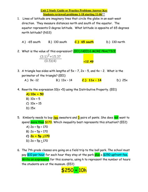 Unit 1 test study guide equations and inequalities answer key. This Systems of Equations and Inequalities Unit Bundle contains guided notes, homework assignments, three quizzes, a study guide, and a unit test that cover the following topics: • Solving Systems by Graphing. • Solving Systems by Substitution. • Solving Systems by Elimination. • Comparing Methods to Solving Systems/Review of All Methods. 