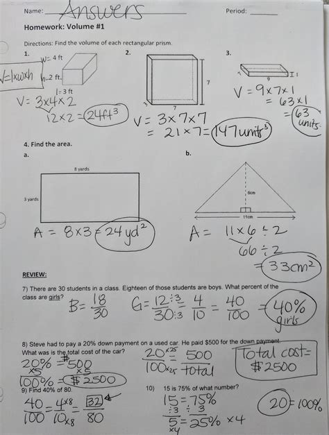 Unit 11 volume and surface area test answers. 2. (a) Volume = 400 1 2× (.)3 = 691.2 ml M1 A1 (b) Volume = 400 12 12 15× (.. .)3 × ( ) × ( )2 M2 A1 = 1866.24 ml A1 (6 marks) 3. (a) (i) Area = 1 2 ××=83 12 cm2 M1 A1 Volume = 18 12 216×= cm3 M1 A1 GI=+=34 522 cm M1 A1 (iv) Surface area =× +× ×212 2 5 18 8 18( ) +× 2= 348 cm M1 A1 (b) If x = length of edge of cube, xx3 1 ==216 216 ... 