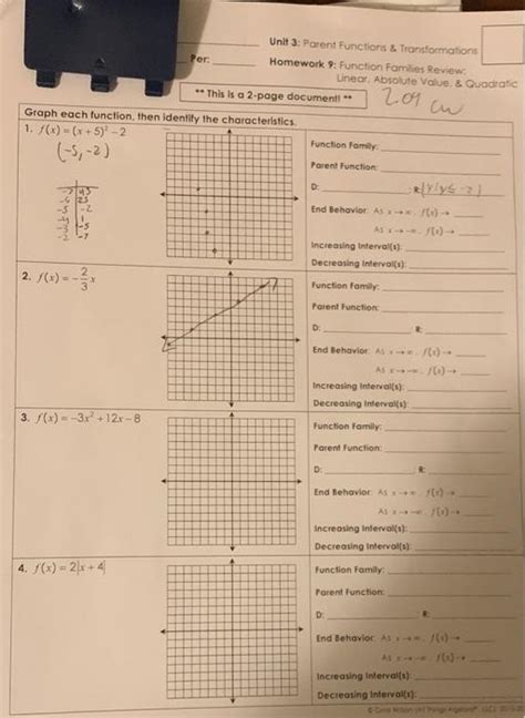 Answer Unlock Previous question Next question Transcribed image text: Name: Date: Bell: Unit 3: Parent Functions & Transformations Homework 3: Transformations; Graphing Absolute Value Functions from Vertex Form ** This is a 2-page document!. 