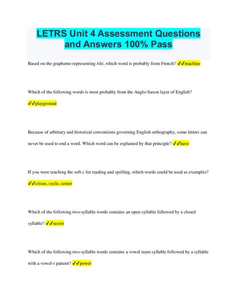 Unit 4 assessment letrs. LETRS -Unit 4 Assessment Test & All Section Quizzes 1-8 Questions with Complete Solutions (2023) LETRS -Unit 4 Assessment Test & All Section Quizzes 1-8 Questions with Complete Solutions (2023) 100% satisfaction guarantee Immediately available after payment Both online and in PDF No strings attached. 