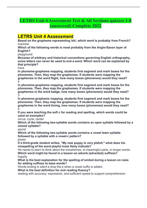 LETRS Unit 4 Assessment Based on the grapheme representing /sh/, which word is probably from French? - machine Which of the following words is most probably from the Anglo-Saxon layer of English? - playground Because of arbitrary and historical conventions governing English orthography, some letters can never be use... [Show more]. Unit 4 assessment letrs