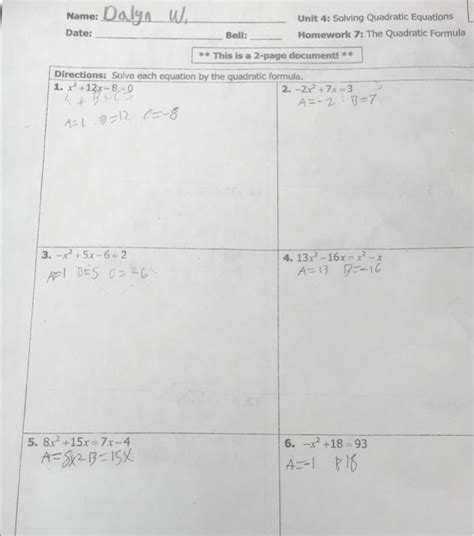 Unit 4 solving quadratic equations homework 9 quadratic equation applicatio...