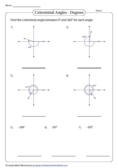 Unit 6 worksheet 2 finding coterminal angles. The resulting angle of − 29π 6 - 29 π 6 is coterminal with −53π 6 - 53 π 6 but isn't positive. Repeat the step. − 29π 6 - 29 π 6. Add 2π 2 π to − 29π 6 - 29 π 6. − 29π 6 +2π - 29 π 6 + 2 π. The resulting angle of − 17π 6 - 17 π 6 is coterminal with −53π 6 - 53 π 6 but isn't positive. Repeat the step. − 17π 6 ... 
