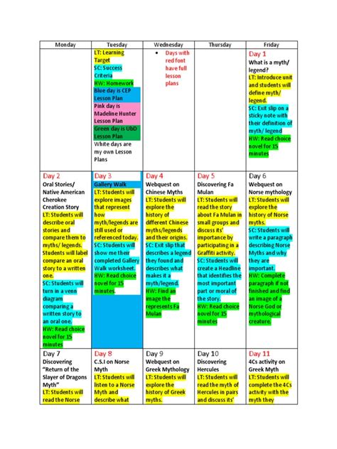 Unit Plan Calendar