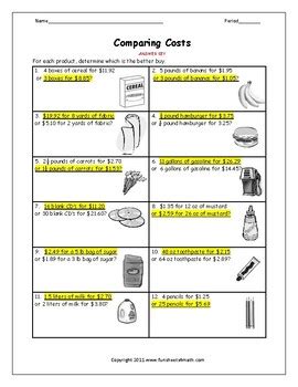 Unit Rate Comparing Costs Worksheet By Funsheets4math Tpt