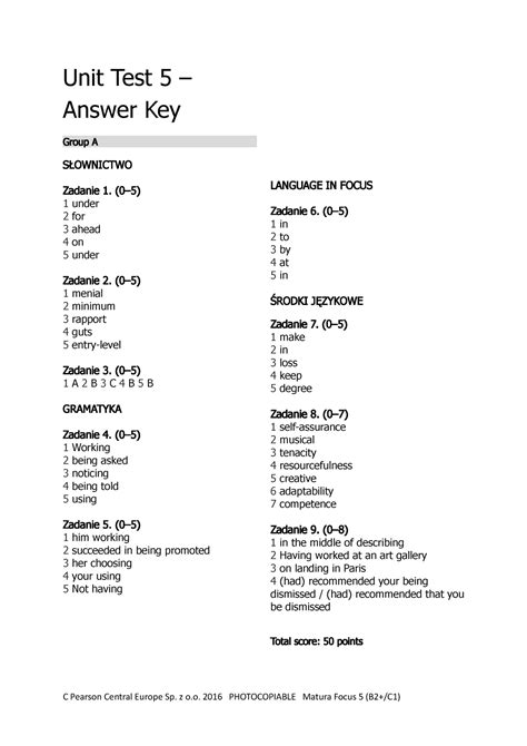 Unit Test 5 Answer Key Group A Unit Test 5 Answer Key Group A