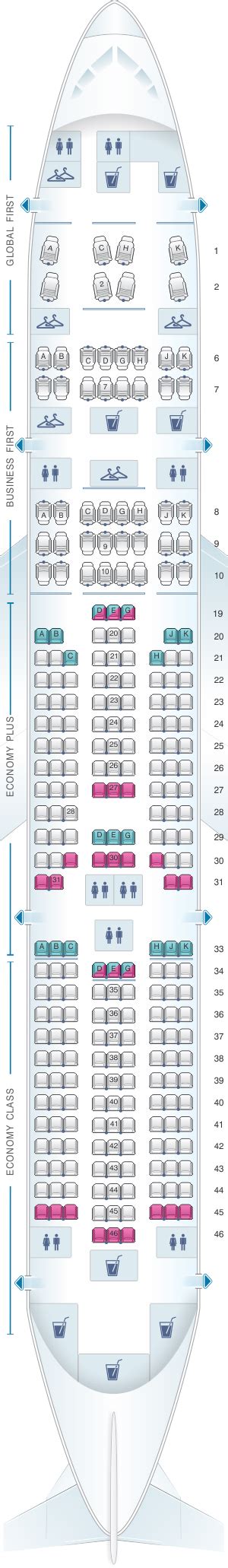 Seat Map and Seating Chart Boeing 777 200 ER V5 United Airlines. This version of Boeing 777-200 may accommodate 364 passengers in three classes: polaris that corresponds to business class, economy plus and economy. This airplane offers 28 flat bed seats that transform into a fully beds. The seats of polaris class are located in the first 4 rows..