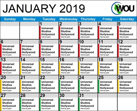 Universal Studios Busy Calendar
