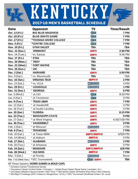 University Of Kentucky Mens Basketball Schedule Printable