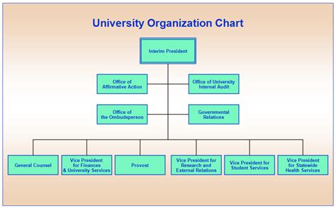 University Advancement Organizational Chart (PDF) The president’s office encompasses the Office of Diversity and Inclusion. Each administrative unit is headed by a vice president; the organization charts on this page provide further details about the offices and departments that constitute each division. .