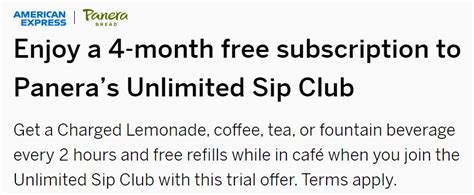 Today's verified Panera Bread promo code: off fresh breads, soups, salads, & sandwiches. Save with 4 Panera Bread coupons this May 2024. ... New members of Unlimited Sip Club can enjoy coffees ...