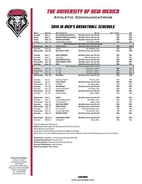 The non-conference schedule is highlighted by the return of the annual home-and-home series with New Mexico State, home games against UTEP and SMU, a visit to Colorado and two games in the Las Vegas Classic. The debut of the Richard Pitino era of Lobo basketball comes on Nov. 5 as UNM hosts New Mexico Highlands in an exhibition.. 