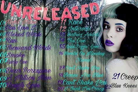 Unreleased melanie martinez songs. "Barely Juice" is an unreleased song by Melanie Martinez. It was intended to be featured on her third studio album, PORTALS, however, it was later scrapped. The full song was leaked on November 4th, 2021. As being the earliest track from PORTALS to surface, Melanie's label, and herself immediately took action for it by taking down every content … 