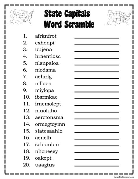 Unscramble capital. State Capitals Word Scramble. Calling all fifth grade geography buffs! Here's a fun activity to help practice your states and capitals! Save the capital names from scrambled obscurity (unscramble them) and place them safely back in the states where they belong. Want another state capital challenge? Give States & Capitals a try. No standards ... 