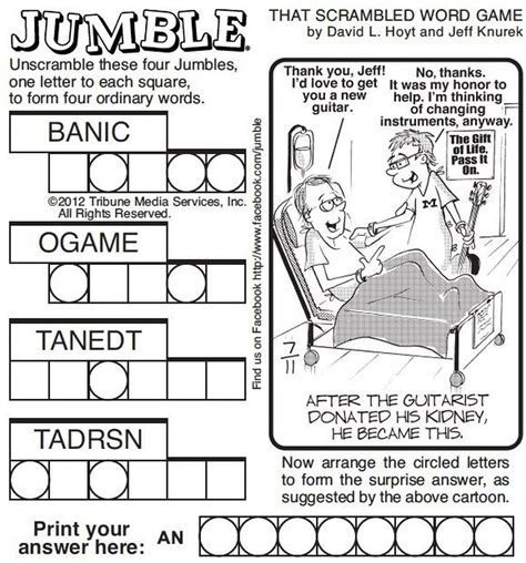 Classic scrambled word game with a perfect amount of brain-tease. JUMBLE is one of the most beloved and successful word games in history. Created in 1954, it has become the most recognizable scrambled word game in the world. Play America's favorite word game every day of the year. Take our word — these humorous brain-teasing puzzles are perfect for anyone who loves a good challenge!.
