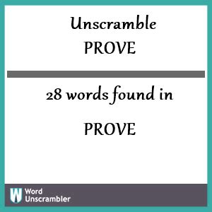 Unscramble proved. 1 words found. 5 letter words made by unscrambling letters PROVEN. pervo. preon. prone. prove. roven. 5 words found. 4 letter words made by unscrambling letters PROVEN. … 