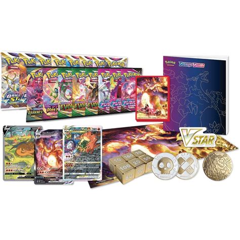 The Sword & Shield Series and the era of Pokémon V, Pokémon VMAX, and Pokémon VSTAR have offered powerful gameplay options. Now you can take your game even further with help from a hotshot who puts all that power to good use: Charizard turns up the heat in this ultra-premium collection, appearing on three beautiful promo cards with etched foil treatments that are sure to intimidate your .... 