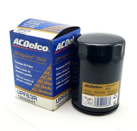 Upf63r. Weight (lb) 0.77. Width (IN) 3.1. GM Original Equipment. An ACDelco Gold Ultraguard Oil Filter provides outstanding protection for demanding uses, such as racing, off-road, and heavy duty truck applications. With 98% multi-pass efficiency at 25-30 microns and burst-strength that is five times greater than normal engine oil operating pressures ... 