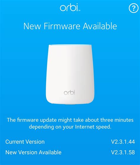Upgrade orbi firmware. Step 1: Download the firmware file from NETGEAR to your computer. Step 2: Navigate to Advanced > Administration > Firmware Update. Step 3: Click the Manual Update tab. Step 4: Click on the Browse button. Step 5: Select the file you downloaded and click Open (or Choose). Step 6: Click Upload to start the installation. Step 7: Select Yes … 