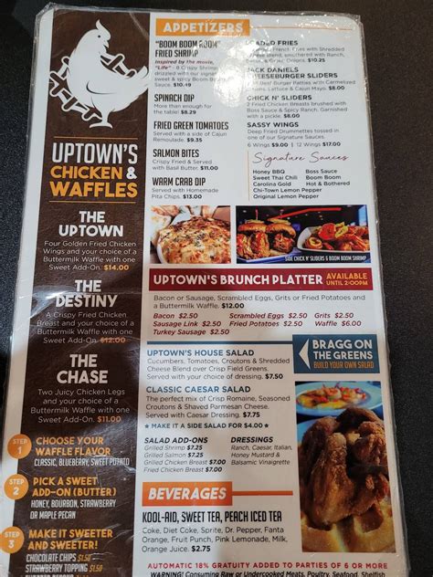 Uptown chicken and waffles menu. Sat 10:00 AM - 10:00 PM. (910) 396-4063. https://uptowns.weeblyte.com. Uptown's Chicken and Waffles is a renowned African American food haven in Fayetteville, NC, offering a delightful culinary experience with their mouthwatering waffles and perfectly seasoned fried chicken. With a spacious and vibrant dining area, a bar, and live entertainment ... 