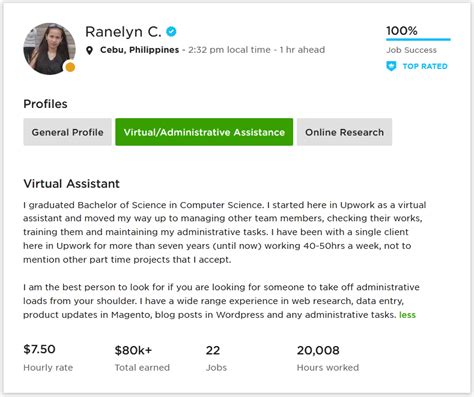Upwork Profile Overview Sample for Virtual Assistant Webson Job